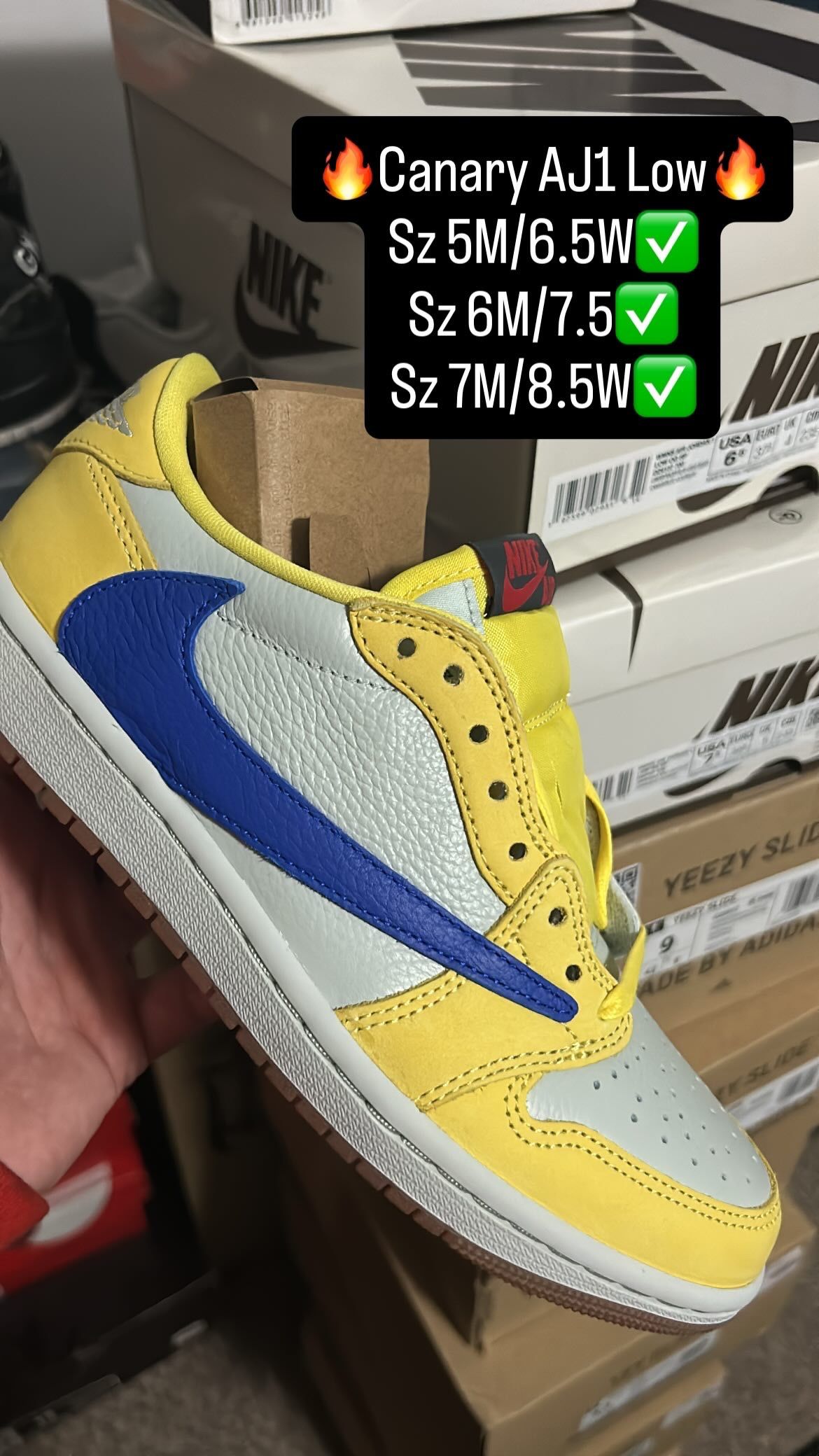 Travis Jordan 1 Low Canary Sz 5M, Sz 6M ,7M