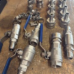 MoreBeer 304 SS Lot: 4 Ball Valves + 19 Stainless Quick Disconnects + Worm Clamps — Brewing/Food Grade