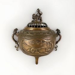 Japanese Meiji Period Takaoka Hideyasu Yoneda Cast Bronze Lion Foo Dog Censer