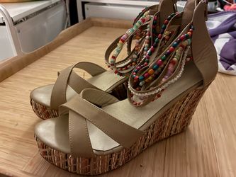 Beaded Ankle Strap Wedge Sandals Size 9-10