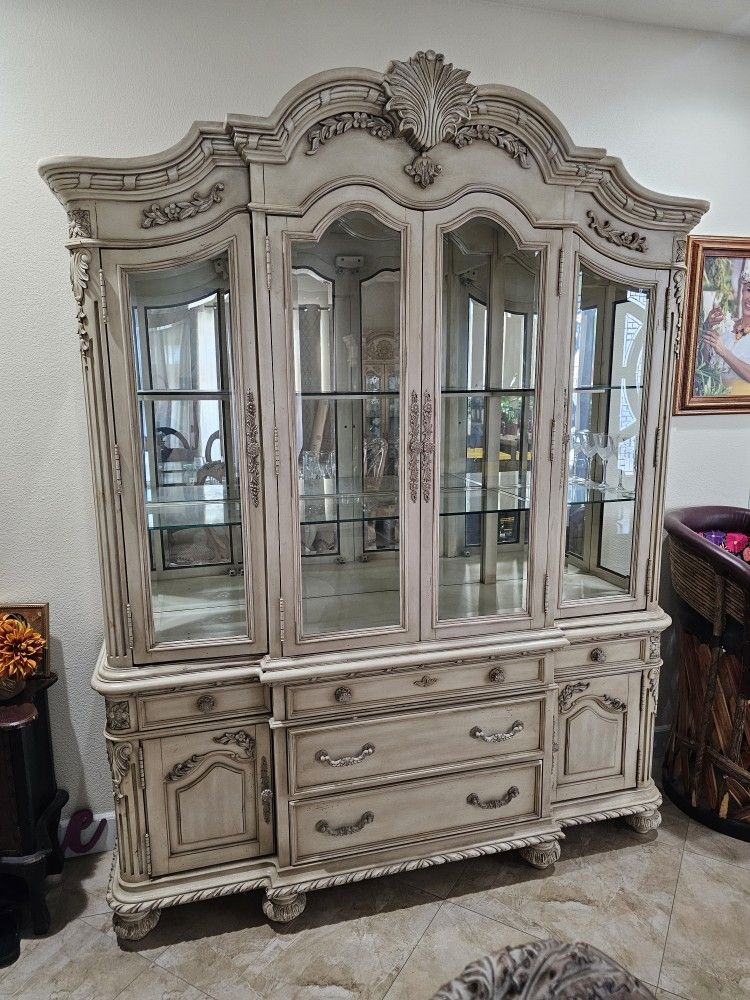 Extra Large Display Cabinet / Hutch w/ Storage Drawers - Carved Wood