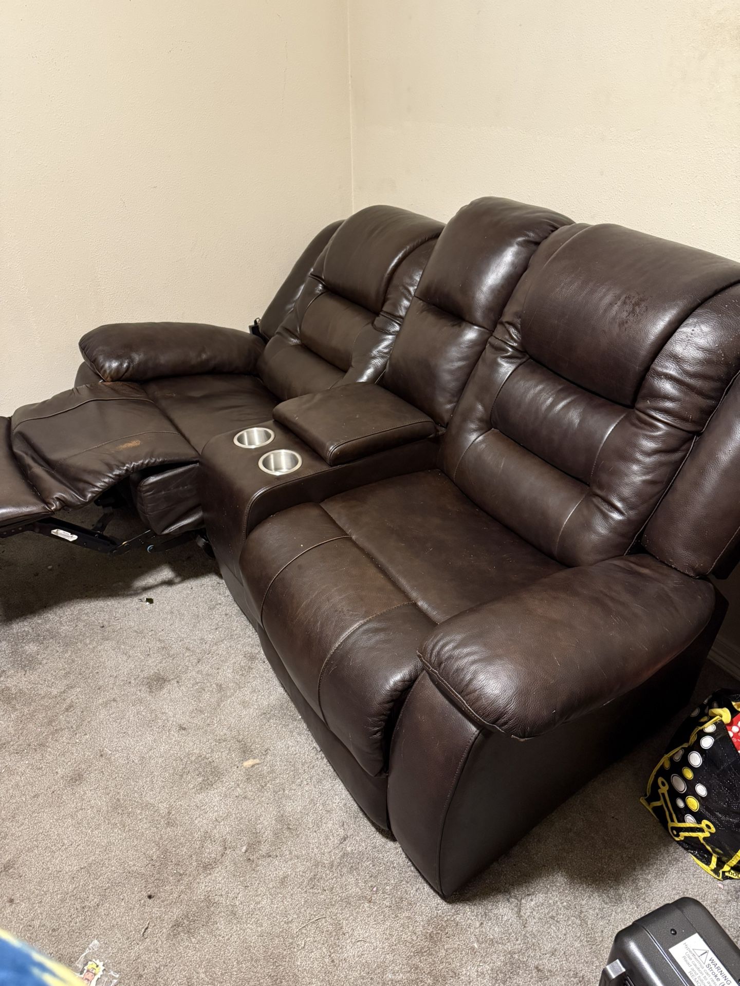 Brown Faux Leather Power Reclining Console Loveseat – Dual USB, Adjustable Headrest & Footrest