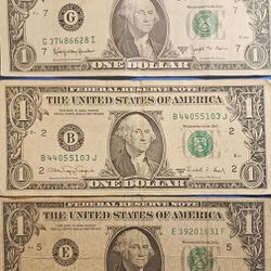 Two 1963 B's and One 1988 A, 3 individual older 1 Dollar bills