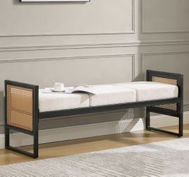 New in store 57" Long Upholstered Boucle Bench with Metal Frame & PE Rattan Sides