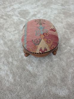Vintage Kilim / Boho Tapestry Footstool – Small Carved Wood Accent Ottoman