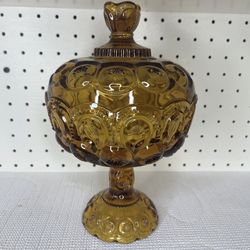 Vintage LE Smith Amber Moon and Stars Covered Compote/Candy Dish-10” Tall w/ Lid
