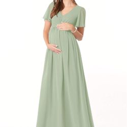 AZAZIE VERNA A-LINE RUCHED CHIFFON LONG DRESS DUSTY SAGE BUST 36" / HIPS 33"