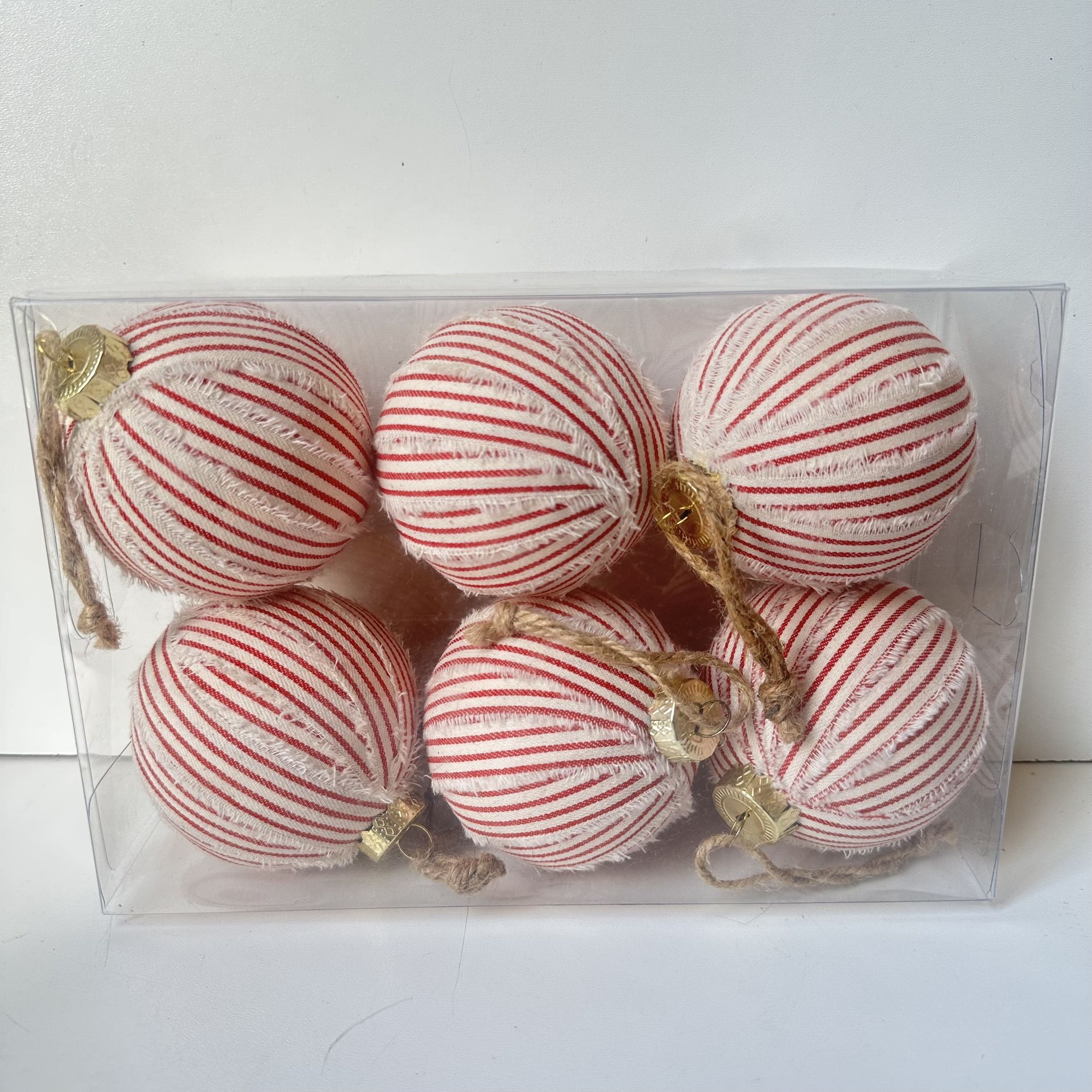 Farmhouse Stripe Ticking Ball Christmas Ornaments (6 pc Red White- 3 1/8 inch)