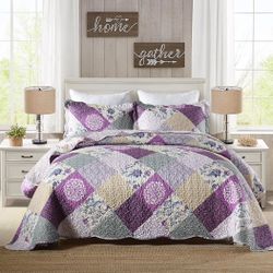 HoneiLife Quilt Set King Size - 3 Piece Microfiber Quilts Reversible Bedspreads Patchwork Coverlets Floral Bedding Set All Season Quilts- Late Spring,