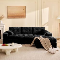 Modular Sectional Sofa, 102" L-Shaped Corduroy Couch, Set of Soft Upholstered Cloud Couch with Ottoman, Black