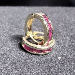 10k Gold Mini Huggie Hoops Earrings With Hot pink Cz 10.3mm 