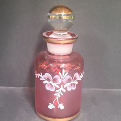 Beautiful Vintage Bohemia Czech HM Glass Bottle With Stopper And Etched Flowers 