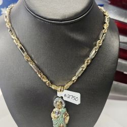 14k 24inch 5mm Two Tone Solid Chain And 14k 3D Cz Pendant 