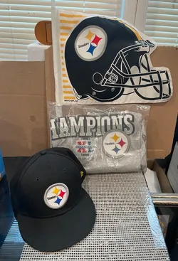 PITTSBURGH STEELERS SHIRT, HAT, CAR WINDOW FLAG - LOT OF 3