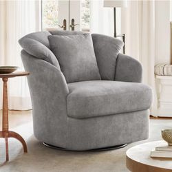 Oversized Gray Fabric Upholstered Swivel Accent Chair with Double Cushion Modern Swivel Barrel Chair