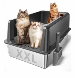 #R2 2-Pack XXL Stainless Steel Cat Litter Boxes, 27.8”L × 20”W × 12.9”H, High-Sided Metal Design with Lids, Non-Stick and Leakproof, Grey, $89