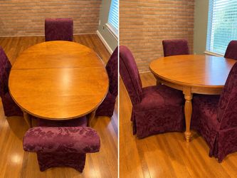 Round Wooden Dining Table with Burgundy Chairs Set