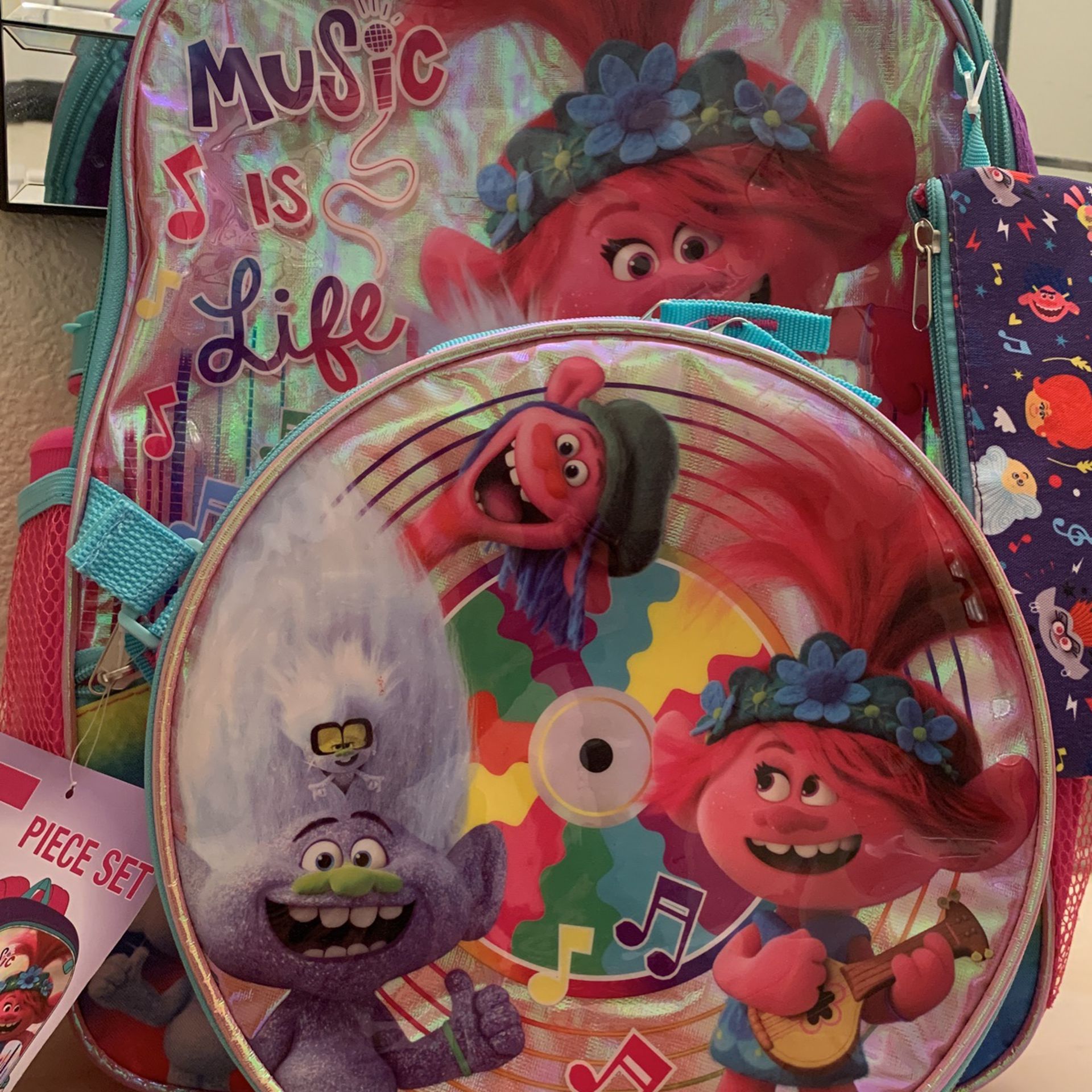 TROLL 5 PIECE SET Music Is Life Backpack,  Lunch Bag, Gadget Case, Water Bottle, Hair Band 