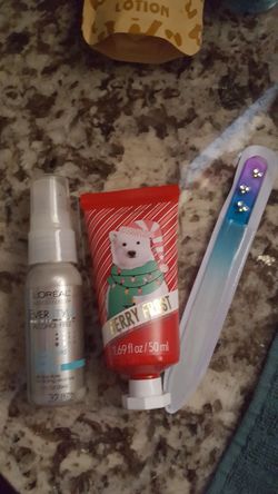 New lotion, glass file, hair spritz