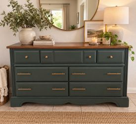 7-Drawer Wood Dresser Pweter Green with Gold Hardware