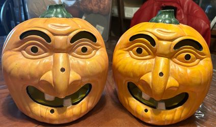 Vintage Ceramic Jack-O-Lantern Pumpkin Lanterns – Set of 2