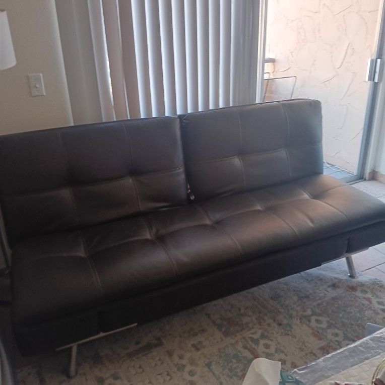 SOFA/ SLEEPER /BLACK /LEATHER WITH BUILT-IN ELECTRIC OUTLET AND TWO -SIZE CHARGER AND ELECTRIC OUTLET