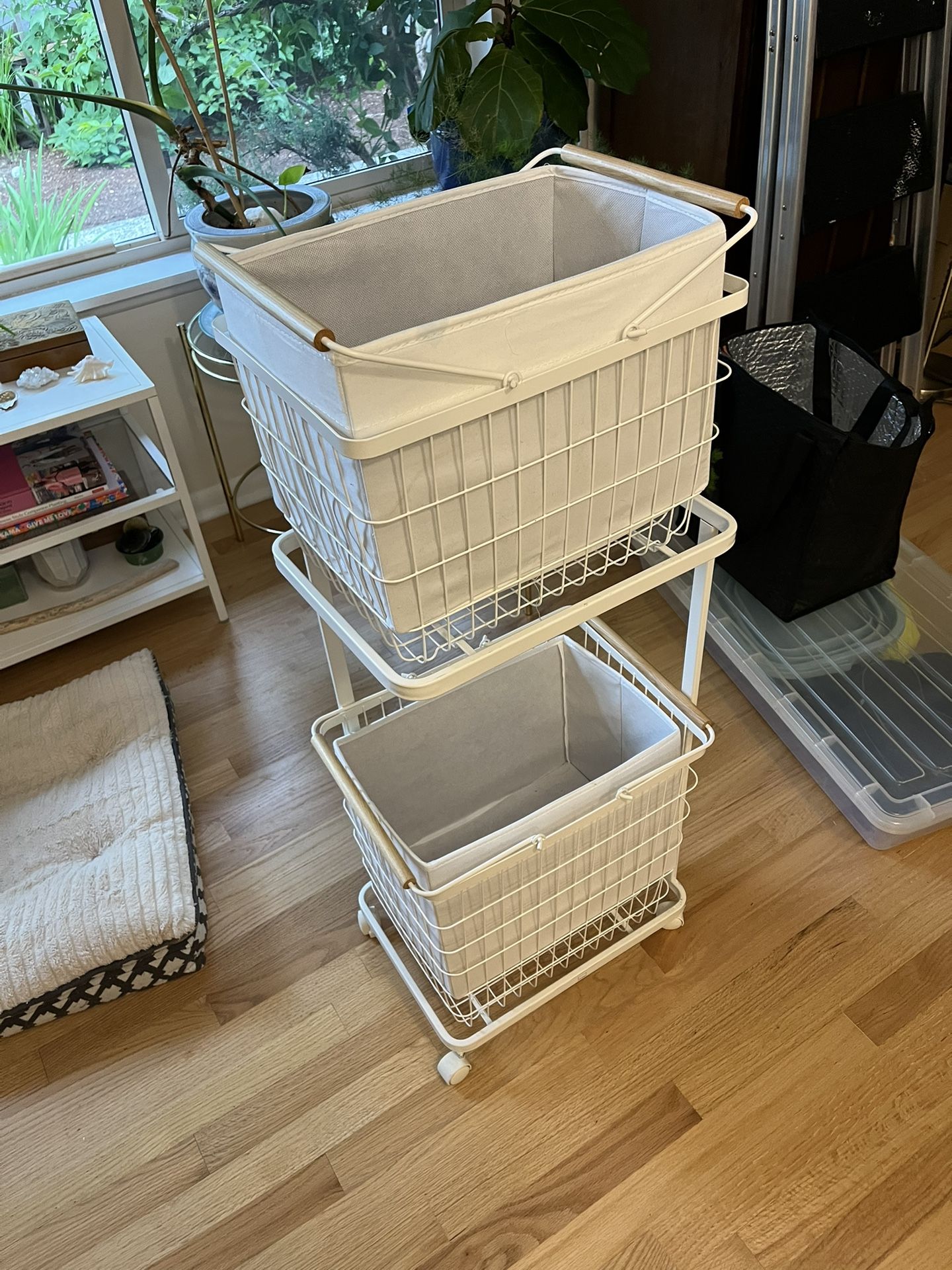 Yamazaki Home Rolling Laundry Cart + Wire Baskets (38" H) - Steel + Wood