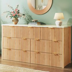 Fluted Dresser for Bedroom with 7 Drawers, 53" Wide Mid Century Modern Dressers with Faux Marble Top & Metal Handle, Wooden Chest of Drawers TV Stand,