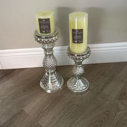 Two Candle Stands And Candles Silver Freestanding 