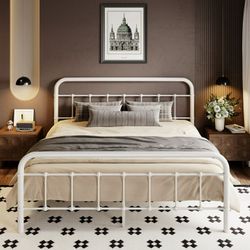 Queen Size Metal Platform Bed Frame with Victorian Vintage Headboard & Under-bed Storage, White