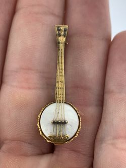 Antique BANJO miniature 14Kt Yellow Gold & Mother of Pearl Brooch Pin - UNISEX