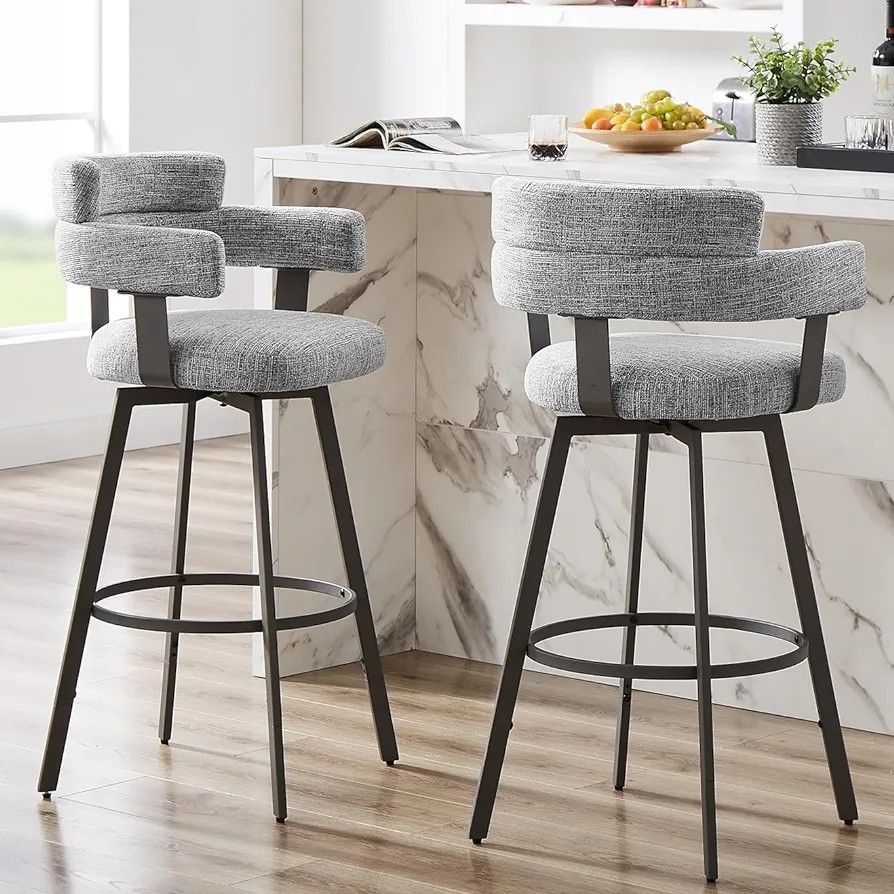 Counter Height Bar Stools with Full Back-Swivel Bar Chairs Modern Barstools Set of 2 with Linen Padded Back,Metal Footrest for Island Kitchen Dining 