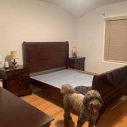 Bedroom Set Furniture Queen Bed Bedframe Dresser Mirror Nightstand Desk Wood Dark Brown Mahogany