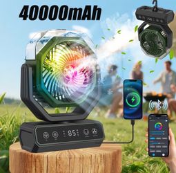 40000mAh Camping Misting Fan Smart App Control Portable Bluetooth Fan RGB Light
