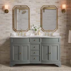 Terryn 61 in. Double Sink Dusk Green Bath Vanity with Engineered White Marble Top (Assembled)