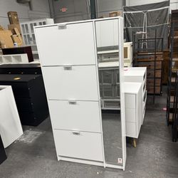 Modern Shoe Storage Cabinet with 4 Flip Drawers & Mirror, Wood 4-Tier Shoe Rack Storage Organizer with Shelves and Door for Entryway, Hallway, White (