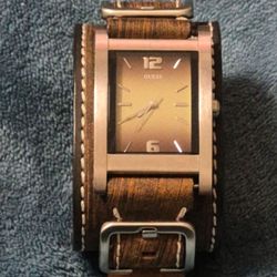 Guess Mens Watch 31mm Silver Tone Brown Dial Wide Leather Cuff Needs Battery