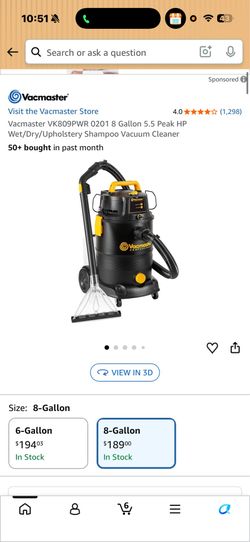 Vacmaster 8  Gallon 3-in-1 Wet/Dry/Upholstery Shampoo Vacuum Clean