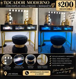 TOCADOR MODERNO CON ESPEJO HOLLYWOOD + BANQUETA – $280 ✨