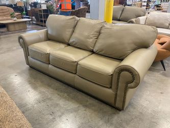 THE LEATHER FACTORY Light Khaki Studded Roll Arm Sofa