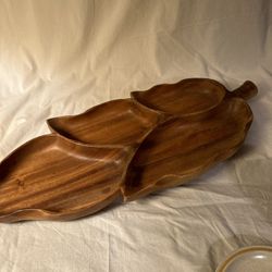 Mid Century MCM Vintage Monkey Pod Wood Serving Tray Divided Dish Bowl Leaf