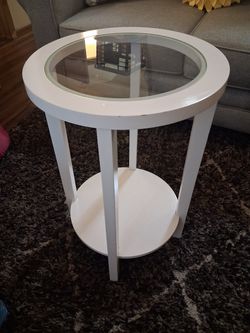 White wooden round glass top table asking $15 OBO