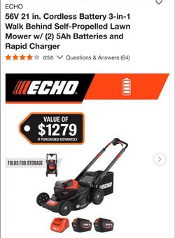 Echo 56V 21 in. Cordless Battery 3-in-1 Walk Behind Self-Propelled Lawn Mower w/ (2) 5Ah Batteries and Rapid Charger new