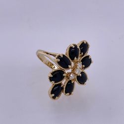 14k Yellow Gold Ladies Flower Ring W/ Diamond & Black Colored Stones