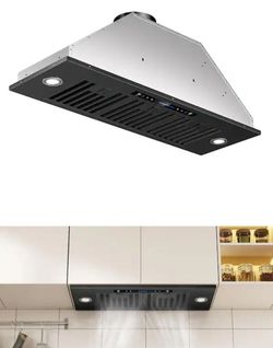 Range Hood 36 in. 900 CFM Convertible Insert  Black Stainless Steel with Gesture and Remote Control and manual