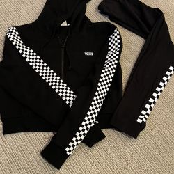 Van Women's Sweat Set-Zip Up Cut Sweatshirt Checkerboard With Black Checkerboard Stretched Pants