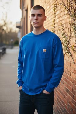 NWT Carhartt Loose Fit Heavyweight Long-Slv Pocket Texas Graphic T-Shirt Blue XL