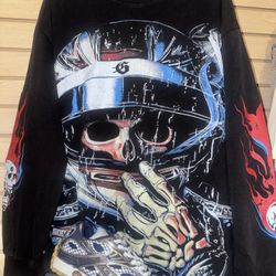 American Streetwear Godspeed Long Sleeve Skeleton Racer Print Washed Do Old Loose Casual Long-sleeved Men Women T-Shirt