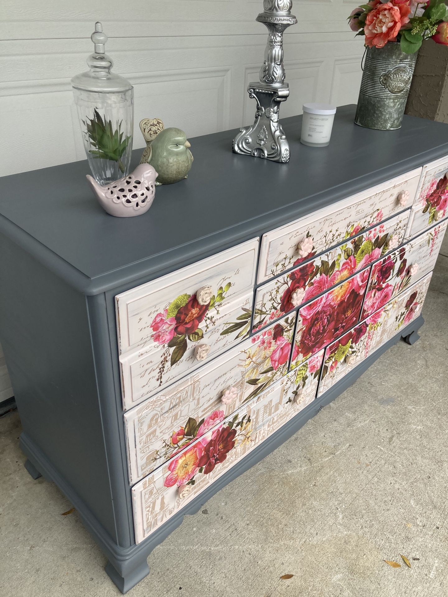 Lovely Oak dresser Grey Pink Floral