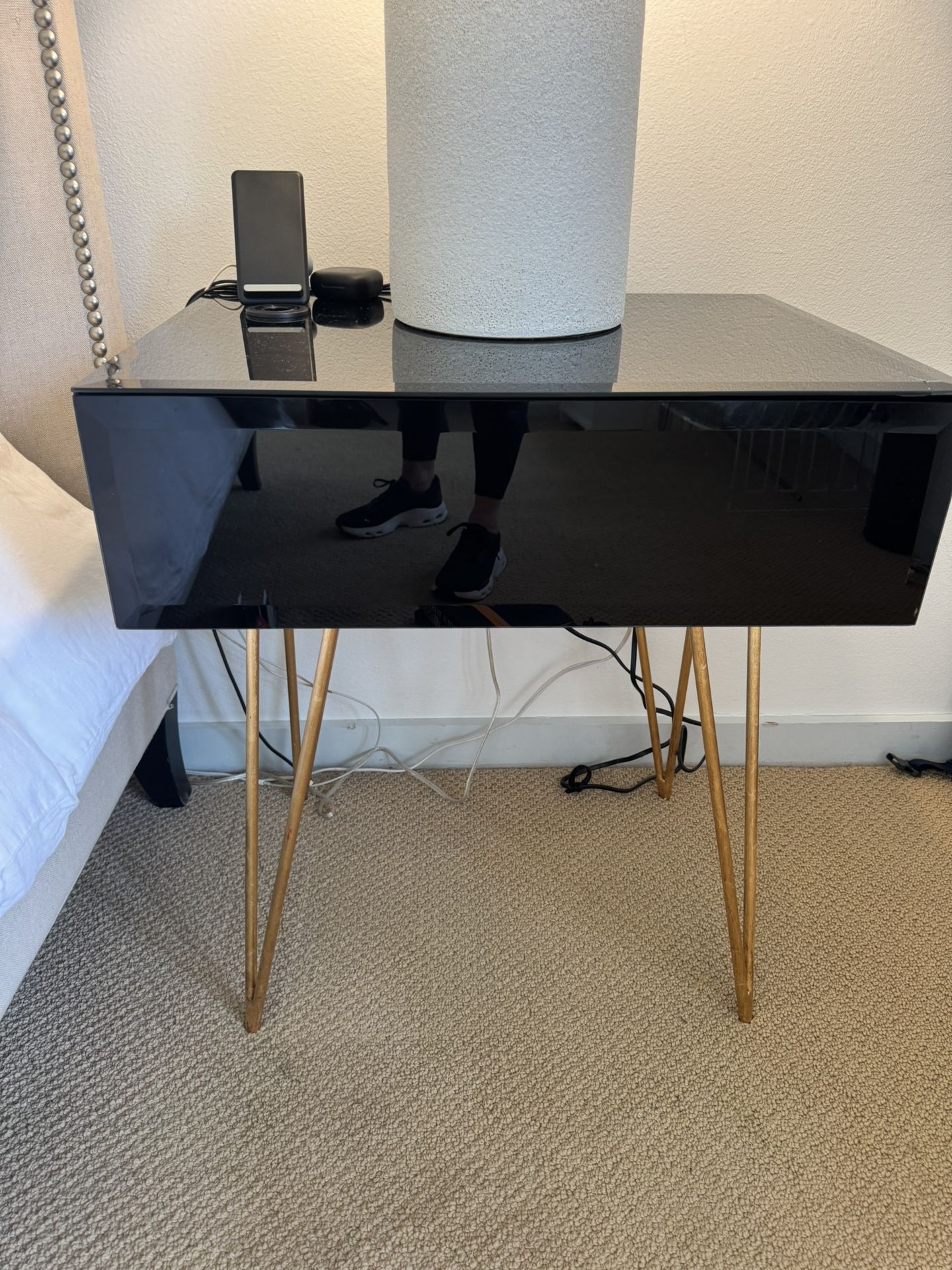 Black Glass And Brass Hairpin Leg Midcentury Nightstand